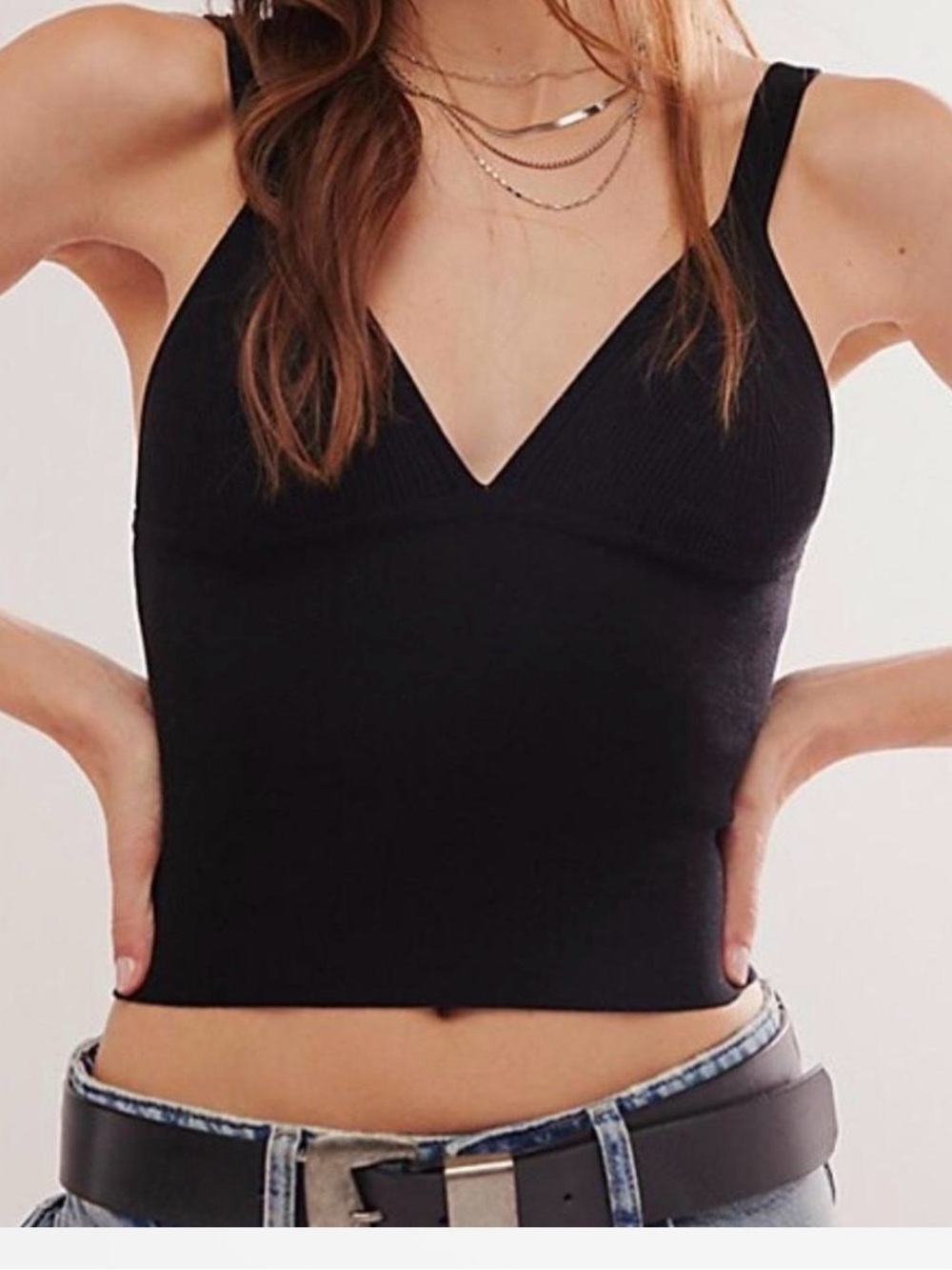 Free People Black Ribbed V-Neck Cropped Tank